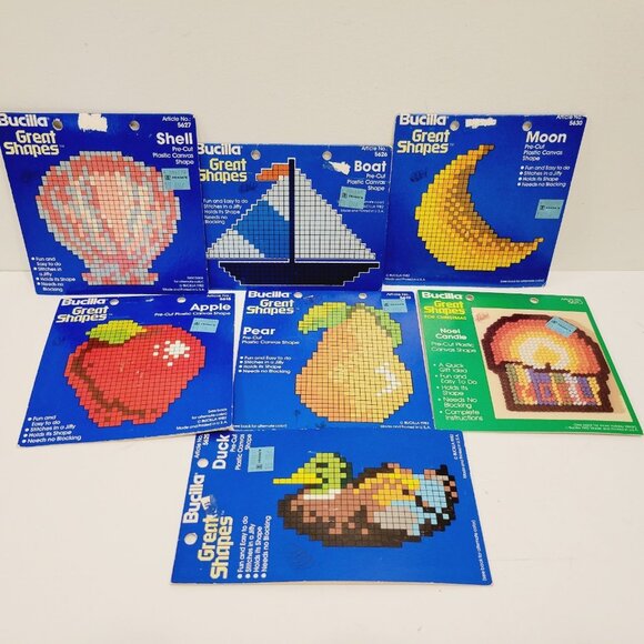 7 Mix Vtg Bucilla Great Shapes Pre Cut Plastic Canvas Shapes Duck Boat Moon - Picture 1 of 7